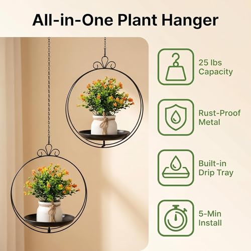 Hanging Planters for Indoor Plants, 2 Pack Metal Wall Ceiling Window Plant Hangers Kit with Trays and Chains for Succulents Pothos Herbs Balcony Patio Living Room - style: hanging planter tray