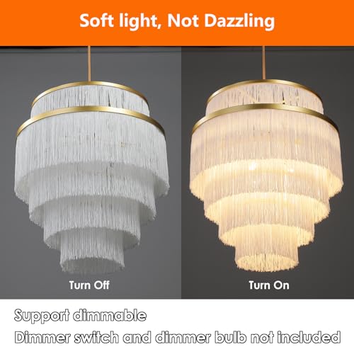 5-Tiered Boho Chandelier with Metal and White Fringe,3 Lights Fringe Pendant Light Fixture,Tassle Chandelier for entryway,Dining Room,Baby Nursery,Gold and White - color: White-Pendant