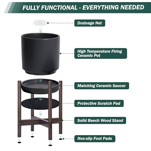 D'vine Dev Ceramic Planter with Walnut Color Stand - 8 Inch Modern Round Flower Pot with Wood Planter Holder, Black, 55-B-Y-2 - color: Black Pot + Walnut Color Stand, size: 8 Inch
