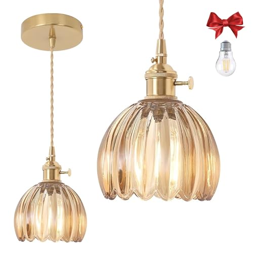 Amber Tulip Glass Pendant Light, 1 Natural Light Bulb Included, Adjustable Cord with Switch, Suitable for Kitchen Island/Dining Room - color: Amber 1pc Tulip Pendant Light