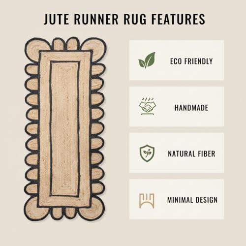 Jute Runner Rug 2x6 ft Handcrafted with Scalloped Black Border – Boho Farmhouse Entryway Kitchen Hallway Runner Rug, Natural Fiber Woven Floor Carpet for Living Room Bedroom - size: 2' x 6' (Rectangular)