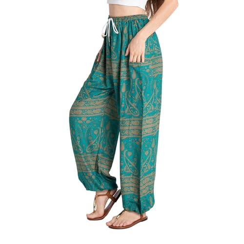 Tranquil Threads Women's Harem Pants with Pockets and Drawstring, Hippie Boho Yoga Clothes - color: Teal Reverie, size: X-Small
