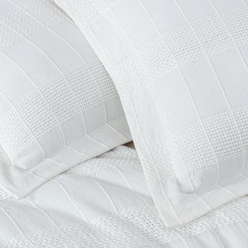 Chezmoi Collection 4-Piece Clip Jacquard Cotton Comforter Set King, Boho Chic Textured Tufted Basketweave Striped Bedding with Textured Woven Pillow Cushion, White - color: Yuki White, size: King
