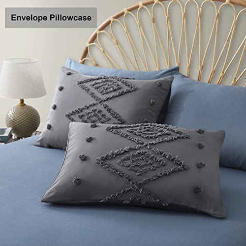 Oli Anderson Tufted Duvet Cover Queen Size, Soft and Lightweight Duvet Covers Set for All Seasons, 3 Pieces Boho Embroidery Shabby Chic Bedding Set (Grey, Queen, 90" x 90") - color: Grey, size: Full/Queen(90"×90")