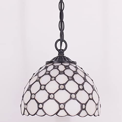 Small Tiffany Pendant Light 8 inch Tiffany Style Stained Glass Pendant Hanging Lamp Small Vintage Hanging Light Fixtures for Home Living Room Restaurant Hallway (White Amber Pearl Beads Style) - color: Cream Pearl Bead Style