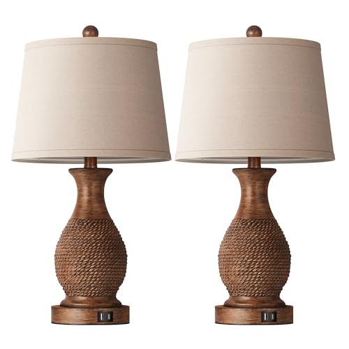 PARTPHONER Table Lamps Set of 2, Bedside Touch Lamp with USB C+A Charging Ports, Side Table Lamp with Linen Fabric Shade (LED Bulbs Included), Wood - size: Wood 22.6" Touch Lamp