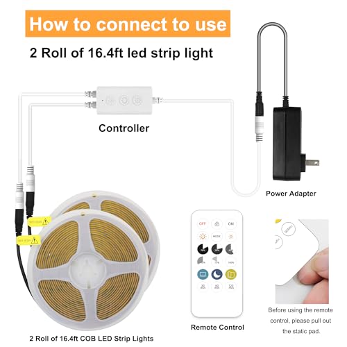 AXMOTUT 32.8ft COB LED Strip Light White, High Bright LED Strips with 320LEDs, RF Remote and UL Power Supply, 4000K Dimmable LED Lights for Bedroom,Kitchen, DIY Home Decoration, 2 Rolls of 16.4ft - color: Natural White 4000K, size: 32.8FT