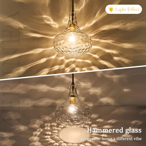 11" Hand-Blown Clear Glass Pendant Light with Hammered Texture, Gold Finish Adjustable Hanging Light Fixture for Kitchen Island, Dining Room, Hallway, Living Room - color: Gold Rod