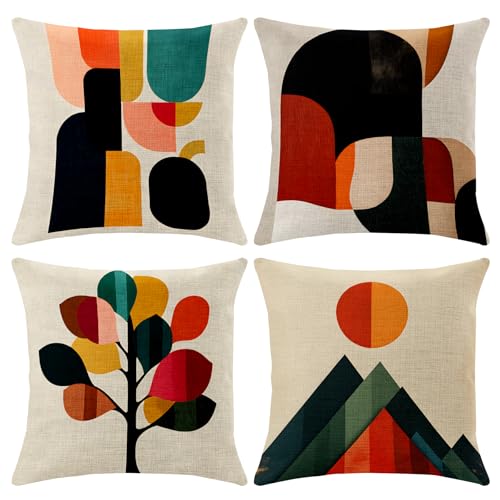 BVBOX Set of 4 Linen Throw Pillow Covers 18"x18", Soft Flax Mid-Century Modern Abstract Decorative Pillow Cases, Double-Sided Retro Geometric Pillow Covers for Bed, Sofa, Couch, Living Room, Bedroom - color: Colorful Geometry
