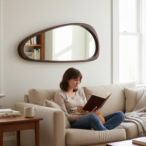 Solid Wood 48"x24" Large Full Length Irregular Mirror, Aesthetic Mid-Century Modern Statement Wall-Mounted Mirror, Modern Organic Asymmetrical Wooden Mirror, Dark Walnut - color: Dark Walnut, size: 48"L x 24"W