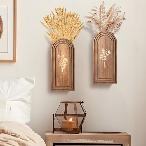 Rustic Wood Wall Planter - Decorative Hanging Vase for Dried Flowers & Artificial Plants, Farmhouse Wall Art Decor for Living Room & Entryway, Set of 2 Faux Greenery Holder (Not for Live Plants) - size: 2pack-Brown