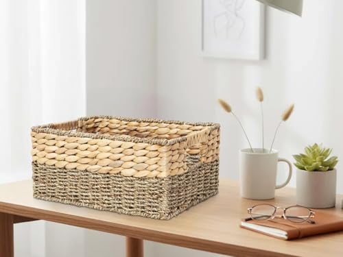 YAHUAN Natural Water Hyacinth & Seagrass Woven Storage Baskets – Wicker Storage Basket Organizer Bins with Handles for Home & Office Pantry Shelf (Medium) - color: Medium