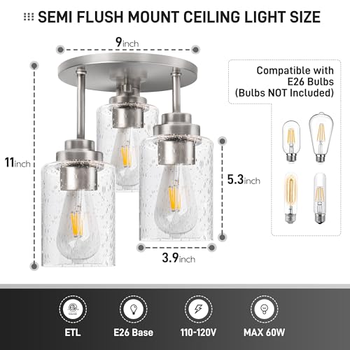 hykolity 3-Light Semi Flush Mount Ceiling Light, 9 Inch Brushed Nickel Close to Ceiling Light Fixtures with Seeded Glass Shades, Modern Ceiling Lighting for Kitchen, Bedroom, Entryway, ETL Listed - color: Brushed Nickel