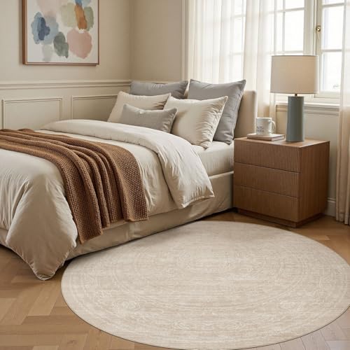 6ft Round Rug Living Room: Washable Large Vintage Neutral Area Rug Non-Slip Soft Stain Resistant Indoor Carpet for Bedroom Nursery Dining Room Under Table Bed Home House Office Playroom - Beige - color: Beige, size: 6' (Round)