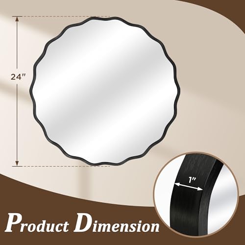 Gold Round Mirror for Wall, 24"x24" Decorative Wavy Bathroom Mirror with Brushed Alloy Steel Frame & Shatter-Proof Glass, Hanging Circle Wall Mirrors for Bathroom, Entryway (Black, Small) - color: Black, size: Small