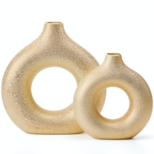 Modern Donut-Shaped Decorative Vases, Handmade Minimalist Boho ins Style, Modern Vase for Home Decor for Wedding Dinner Table Party Living Room Office Bedroom (Gold, Large + Small) - color: Gold, size: Large + Small