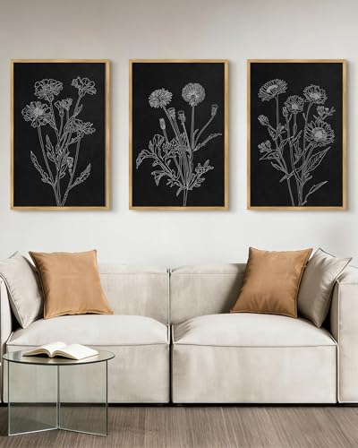 Drsoum Black White Flower Wall Art Vintage Minimalist Floral Wall Hanging Decor Bohemain Botanical Prints Artwork for Bedroom Living Room Hallway 24x36in Natural Framed - color: White Flower, size: 24x36in, Natural Framed