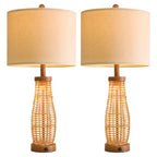 OYEARS 28" Table Lamps Set of 2 with Dual Night Lights, Bedside Lamps for Bedroom, Boho Lamp for Living Room, Rattan Table Lamp with Linen Shade, Farmhouse Lamp with Wood Grain Finish (Bulb Included) - color: Antique Brown