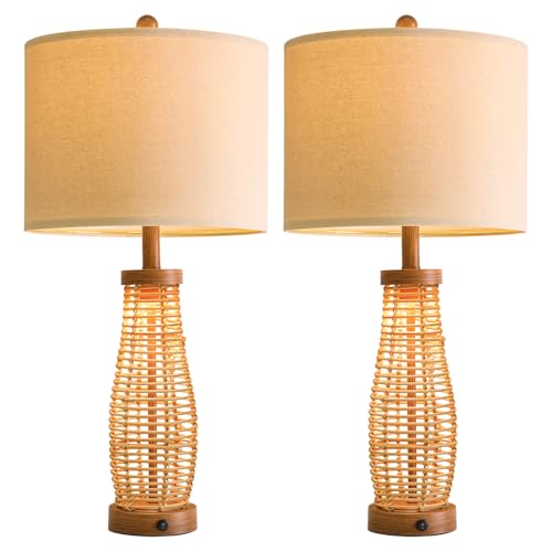 OYEARS 28" Table Lamps Set of 2 with Dual Night Lights, Bedside Lamps for Bedroom, Boho Lamp for Living Room, Rattan Table Lamp with Linen Shade, Farmhouse Lamp with Wood Grain Finish (Bulb Included) - color: Antique Brown