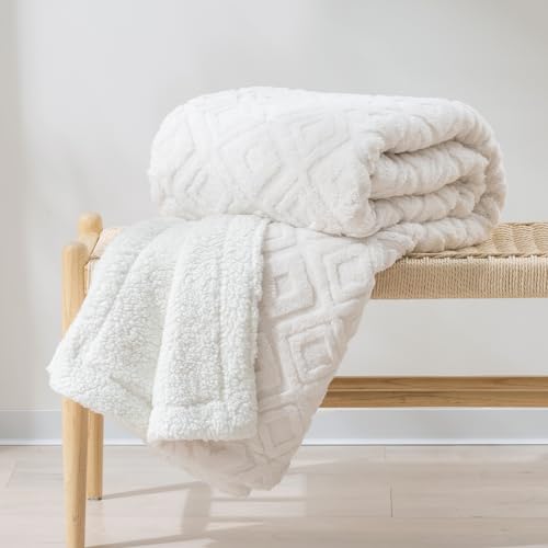 EverGrace Jacquard Boho Sherpa Fleece Throw Blanket for Couch, Super Soft Cozy Fuzzy Plush Blankets for Winter, Reversible Thick Warm Blanket for Bed, Sofa, Living Room, Off White, 60" x 80" - color: Off White, size: 60x80 Inches