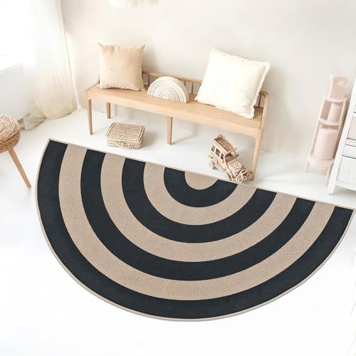 Faux Jute Rug 3x6Ft Half Circle Rainbow Doormat Easy Jute Carpet for Farmhouse Bedroom Kitchen, Non-Slip Half Round Neutral Floor Mat for Living Room Kids Room Indoor Outdoor Decor, Black 2 - color: Black 2, size: 3'x6'