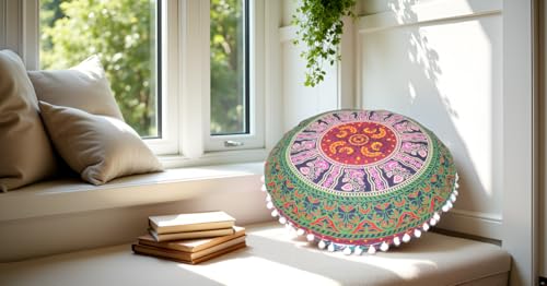 Multi 6 Color Round Mandala Floor Pillow Cover Seating Cushion Throw Cover Hippie Decorative Bohemian Ottoman Pouf Cover, Pom Pom Pillow Cases,Boho Indian 32 Inches - color: Pink/Green, size: 32" Round