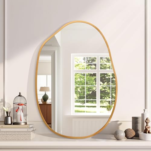 Gold Irregular Wall Mirror Aluminum Alloy Frame Asymmetrical Bathroom Mirrors Brushed Metal Vanity Wall Mounted Mirror for LivingRoom Bedroom Entryway Room Home Decor Large 22"x30" - color: Gold, size: 30"L x 22"W