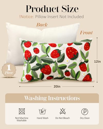 Embroidered Lumbar Pillow Cover - 20x12 Decorative Pillow Cover with Zipper Aesthetic Cute Design Boho Spring Summer Throw Pillowcase for Living Room Couch Sofa Bed, Leaf Strawberry - color: Leaf Strawberry, size: 20" x 12" (Pack of 1)