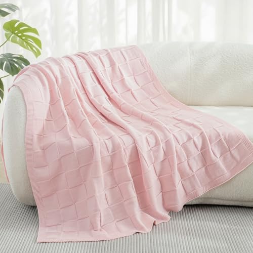 Whale Flotilla Checkered Knit Throw Blanket for Couch, Soft Decorative Knitted Blankets for Sofa Bed, Lightweight Cozy Throws for Spring Summer, 50x60 Inch, Pink - color: Pink, size: 50x60 Inch