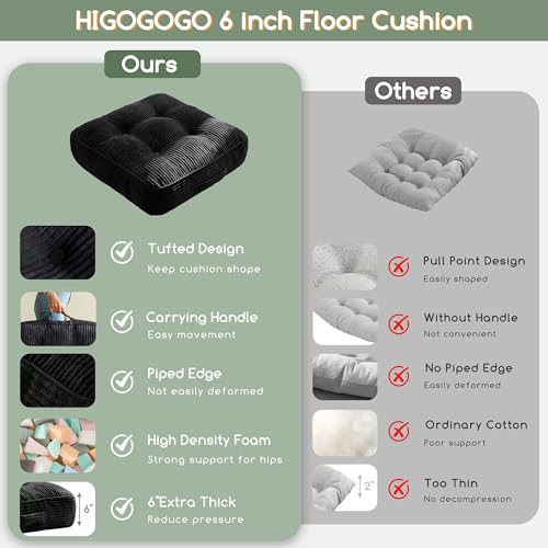 HIGOGOGO 6" Extra Thick Floor Pillow Cushion for Adults, Meditation Cushion Pillow, Large Square Floor Sitting, Tufted Corduroy Cover, for Tatami Living Room or Yoga, 22x22 Inch, Black - color: Square Black, size: 6" Thick(Pack of 1)