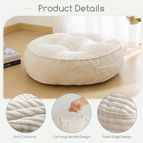 HIGOGOGO 6" Extra Thick Floor Pillow Cushion for Adults, Meditation Cushion Pillow, Large Round Floor Sitting, Tufted Corduroy Cover, for Tatami Living Room or Yoga, 22x22 Inch, Beige - color: Round Beige, size: 6" Thick(Pack of 1)