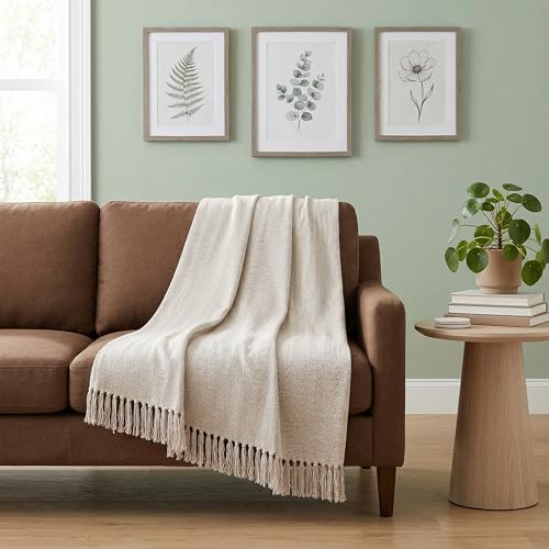 Americanflat 50x60 Throw Blanket - Soft and Breathable Cotton Throw Blanket for Couch, Bed, Chair - Decorative Blankets Perfect for Home, Office, or Outdoor Use - Cream Herringbone Design - color: Zaina Cream Herringbone