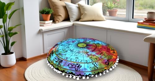 Round Mandala Floor Pillow Cover Seating Cushion Throw Cover Hippie Decorative Bohemian Ottoman Pouf Cover, Pom Pom Pillow Cases,Boho Indian 32 Inches Multi Zodiac - color: Multicolor, size: 32" Round