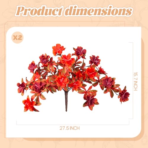 Fall Flowers Artificial for Decoration, Fake Silk Rhododendron Flowers for Outdoors, 2 Bundles Faux Azalea Outside UV Resistant No Fade Floral for Home Garden Balcony Walkway Wedding Party Decor - color: Y-orange Red