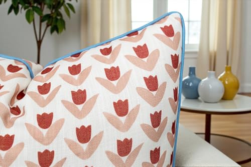 VAGMINE Scandi Folk Tulip 20x20 Inch Throw Pillow Cover - Red Blush Block Print Pattern on Textured Polyester - Cushion Case for Couch Sofa - Vamika Motif - color: Vamika Motif, size: 20" x 20" (Pack of 1)
