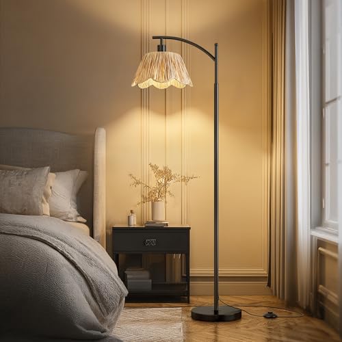 Oneach Boho Floor Lamp with 3 Color Temperatures, Farmhouse Floor Lamps for Living Room with Remote & Dimmable Bulb, Rattan Floor Lamp for Bedroom, Black - color: Pure Black