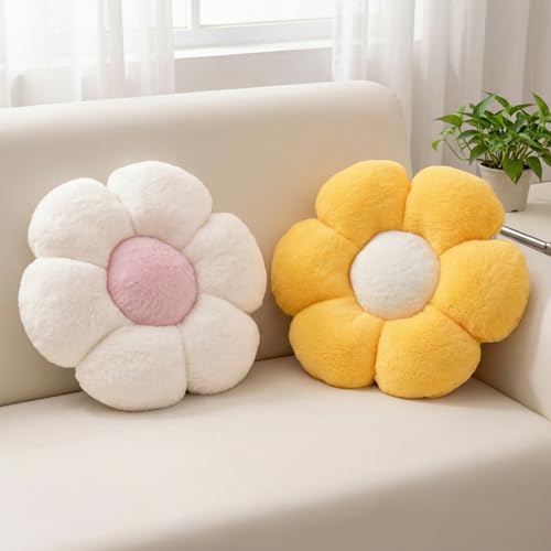 2 Pcs Flower Floor Pillow, Daisy Flower Shaped Pillows Set, Cute Yellow Decorative Throw Pillows Floor Cushions for Girls Bedroom Bed Couch Preppy Room Decor (White & Yellow, 15 INCH) - color: White & Yellow