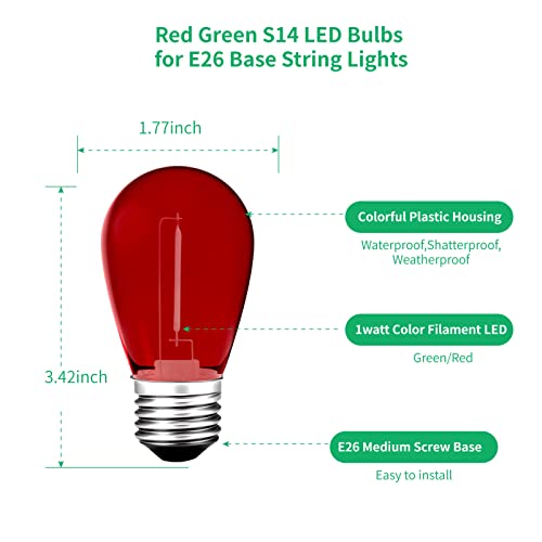Meconard S14 Colored LED String Light Bulbs, 24-Pack 1W Plastic Shatterproof Waterproof Outdoor Indoor Replacement Bulbs for Home Decor, E26 Medium Screw Base, Red and Green Christmas Bulbs - color: Red Green, size: 24 Count (Pack of 1)