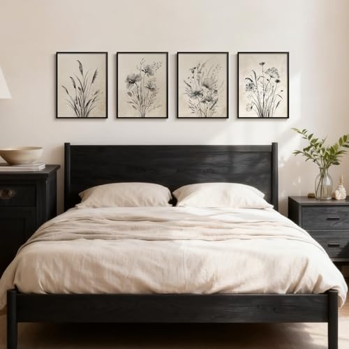 Framed Boho Vintage Botanical Wall Art, 4 Piece Black and White Floral Canvas Prints for Modern Farmhouse Bathroom, Natural Rustic Flower Artwork for Bedroom Kitchen Hallway Wall Decor, 11x14 - color: Misty - Black Framed, size: 11" W x 14" H x 4pcs