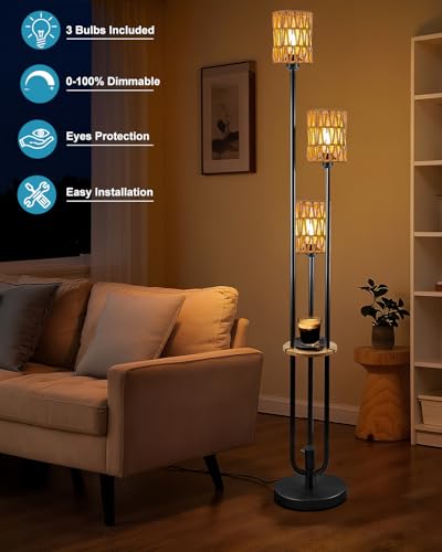 63IN Dimmable Floor Lamp with Shelf, Black Rattan Tall Standing Lamps Candle Holder Style, 3000K Warmwhite Mid Century Modern Floor Lamp with 5Lbs Heavy Base for Living Room (Bulbs Included) - color: 3 Rattan-Black Shelf