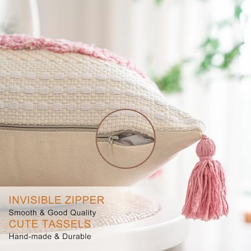 Boho Throw Pillow Covers 20x20 Set of 2 Woven Tufted Farmhouse Pillows Cover with Tassels Textured Striped Cushion Case Neutral Pillow Cases Decorative Pillowcase for Sofa, Couch, Bed, Pink - color: Pink, size: 20" x 20" (Pack of 2)
