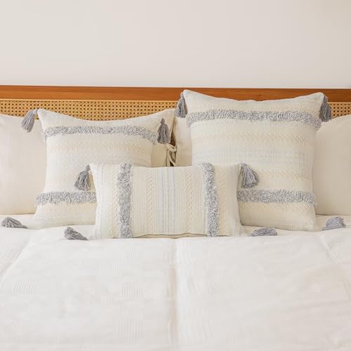 Boho Throw Pillow Covers 20x20 Set of 2 Woven Tufted Farmhouse Pillows Cover with Tassels Textured Striped Cushion Case Neutral Pillow Cases Decorative Pillowcase for Sofa, Couch, Bed, Light Grey - color: Light Grey, size: 20" x 20" (Pack of 2)