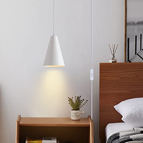 White Plug In Pendant Lights Kitchen Island,Dining Room Light Fixtures Over Table 1 Pack with Cone Metal Shade, Modern Farmhouse Mini Chandeliers with Cord On/Off Switch Hanging Lighting for Sink - color: 1Pack white-Plug in