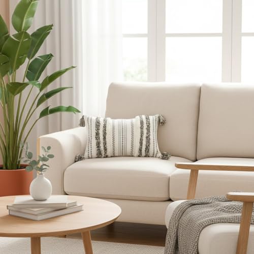 decorUhome Summer Decorative Boho Throw Pillow Cover 12x20, Lumbar Accent Neutral Textured Tufted Pillow Cover Striped for Couch Bed Sofa, Green and Cream White, Pack of 1 - color: Green and Cream White, size: 20" x 12" (Pack of 1)