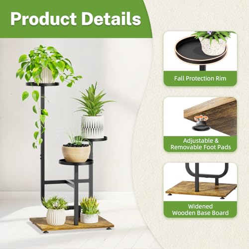 iDavosic.ly 3 Tier Plant Stand Indoor, Corner Tiered Multiple Flower Holder Shelf with Metal Trays, Orchid Display Wooden Rack for Patio Porch Living Room Balcony Outdoor, Modern Black & Rustic Brown - color: Modern Black, size: 3 Tiers
