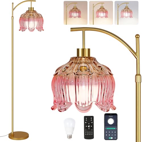 QIYIZM Pink Floor Lamp for Living Room,Bedroom,Glass Gold Dimmable Standing Lamp with Remote,Mid Century Modern Brass Tall Lamp Boho Floor Lamps Arc Stained Tulip Flower Floor Light Lamp Bohemian - size: 30-Floor Lamp