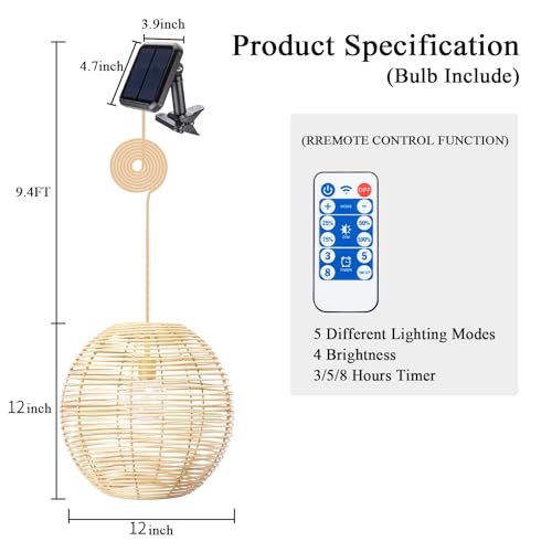 Solar Chandelier Ranttan Outdoor Lights, 12" Outdoor Pendant Hanging Lights Large Rattan Ceiling Light with Remote 4 Modes Lighting Waterproof Lighted for Garden Porch Patio Kitchen, Nature - color: Nature