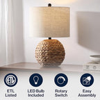 JONATHAN Y 21.5" Brown Modern Coastal Woven Rattan Globe LED Table Lamp for Bedroom, Oatmeal Linen Drum Shade, LED Bulb Included, Rustic Bedside Lamp for Living Room JYL6514A - color: Brown
