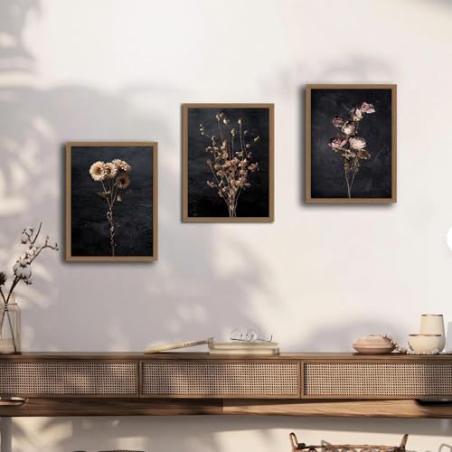 AUROR 3pcs Vintage Floral Canvas Wall Art - Dried Sunflowers, Poppies, And Roses - Dark-Themed Bohemian Floral- Elegant Botanical Prints For Living Room, Bedroom, And Office Decor 16x24in - color: Dried poppy rose flowers, size: 16x24in