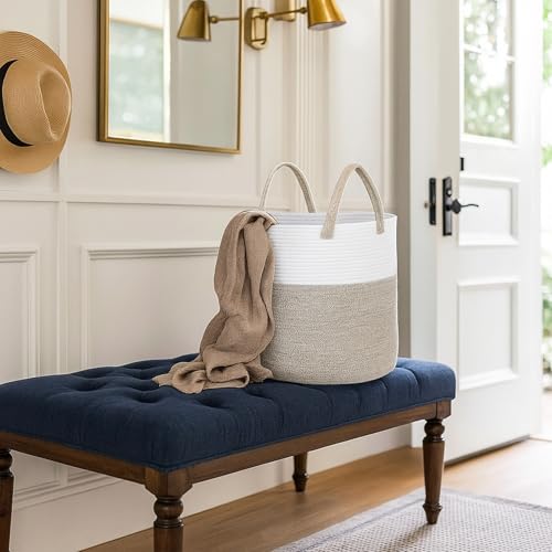 ShellKingdom Laundry Basket, Large Natural Rope Woven Storage Basket with Handles for Home, Living Room, Laundry, Storage Organizer for Blankets, Clothes, Toys, 19.7 x 14.96 INCH (2-Toned White Khaki) - color: 2-Toned White Khaki, size: 58L